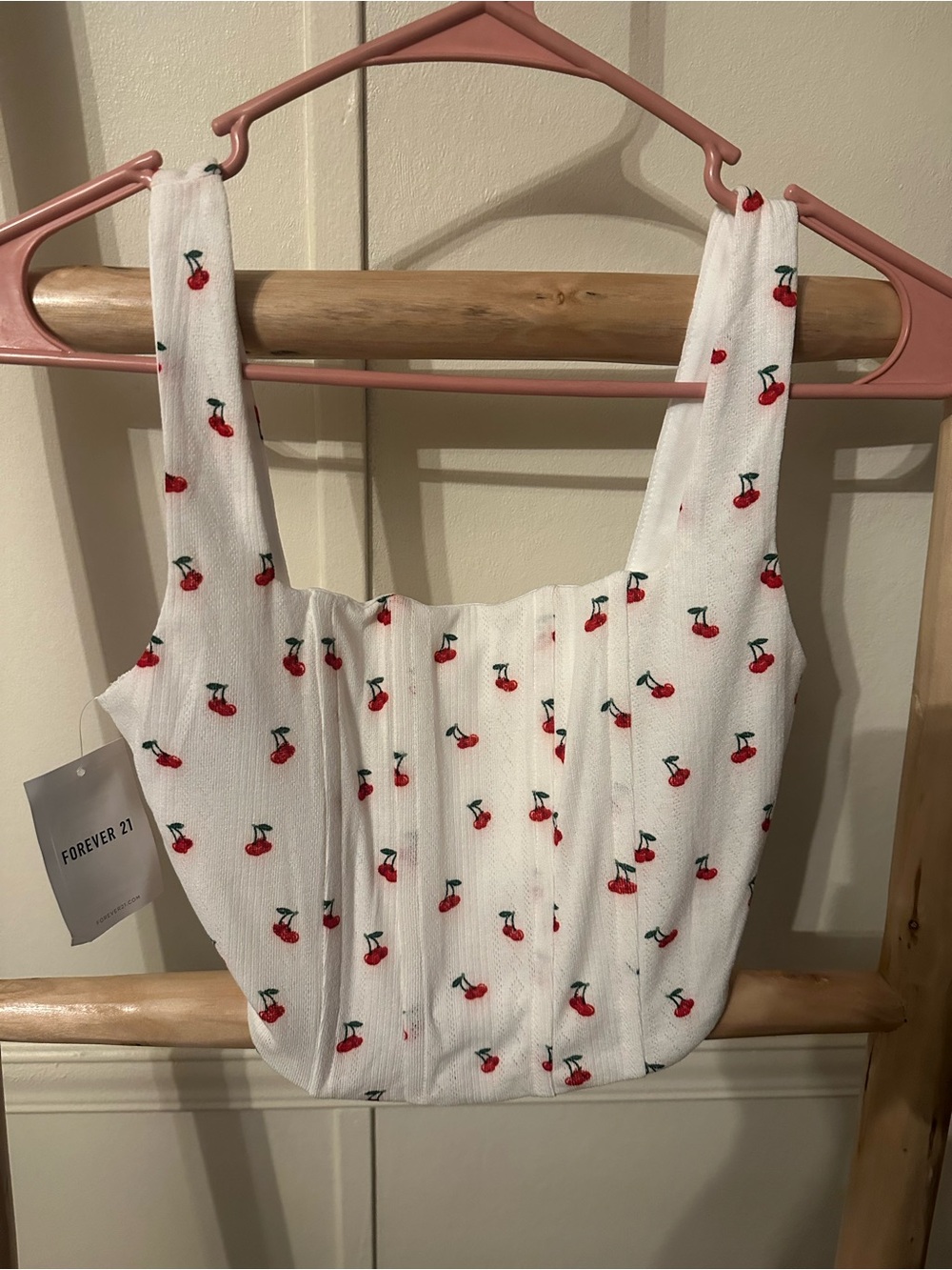 Forever 21 White Cherry-Print Cropped Tank